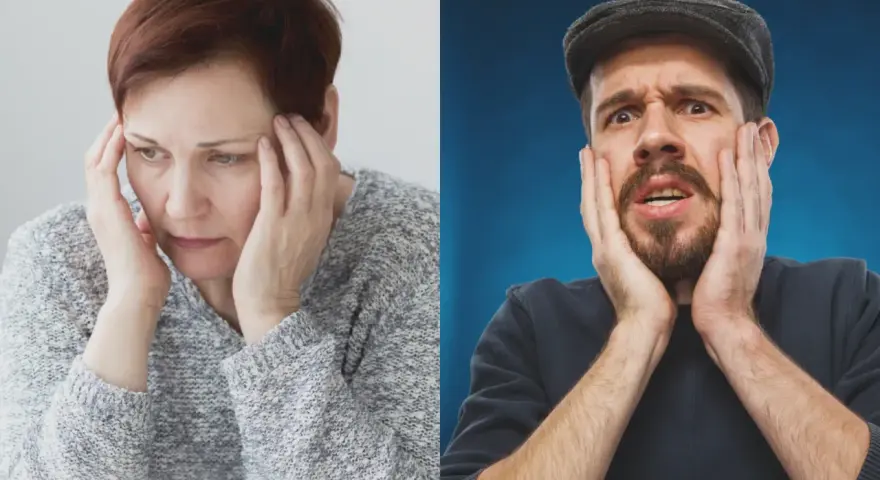 Kvinna och man med händerna mot ansiktet, uttrycker oro. Kanske ett prestationsångest test?