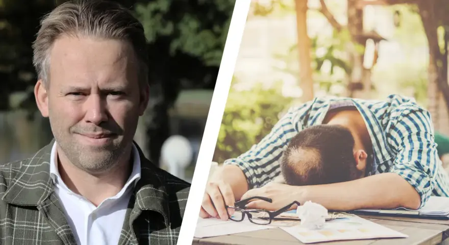 En man tittar framåt, medan en annan man ligger utslagen över ett bord, en bild som kan symbolisera vår depression.