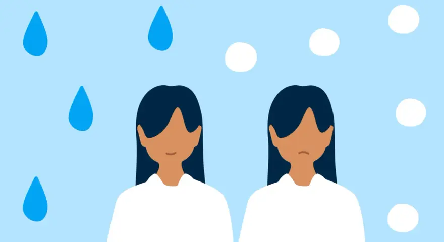 Två ansiktslösa personer under en blå himmel med regndroppar och moln. Den ena ser ledsen ut, som om hon tappat lusten till allt.
