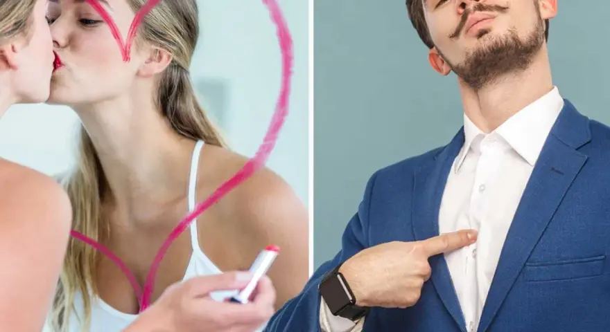Kvinna kysser sin spegelbild i ett hjärta, man pekar på sig själv. Ett narcissist test.