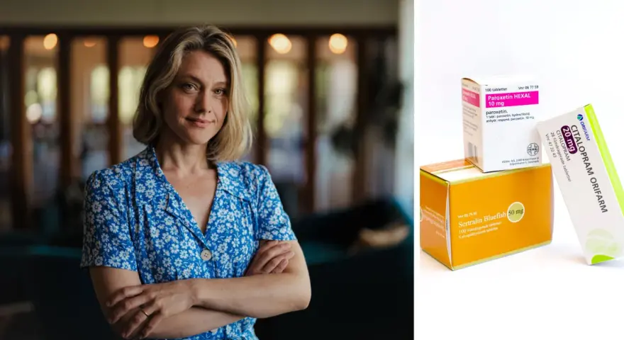 Kvinna med armarna i kors, bredvid mediciner som kan användas vid panikångest.