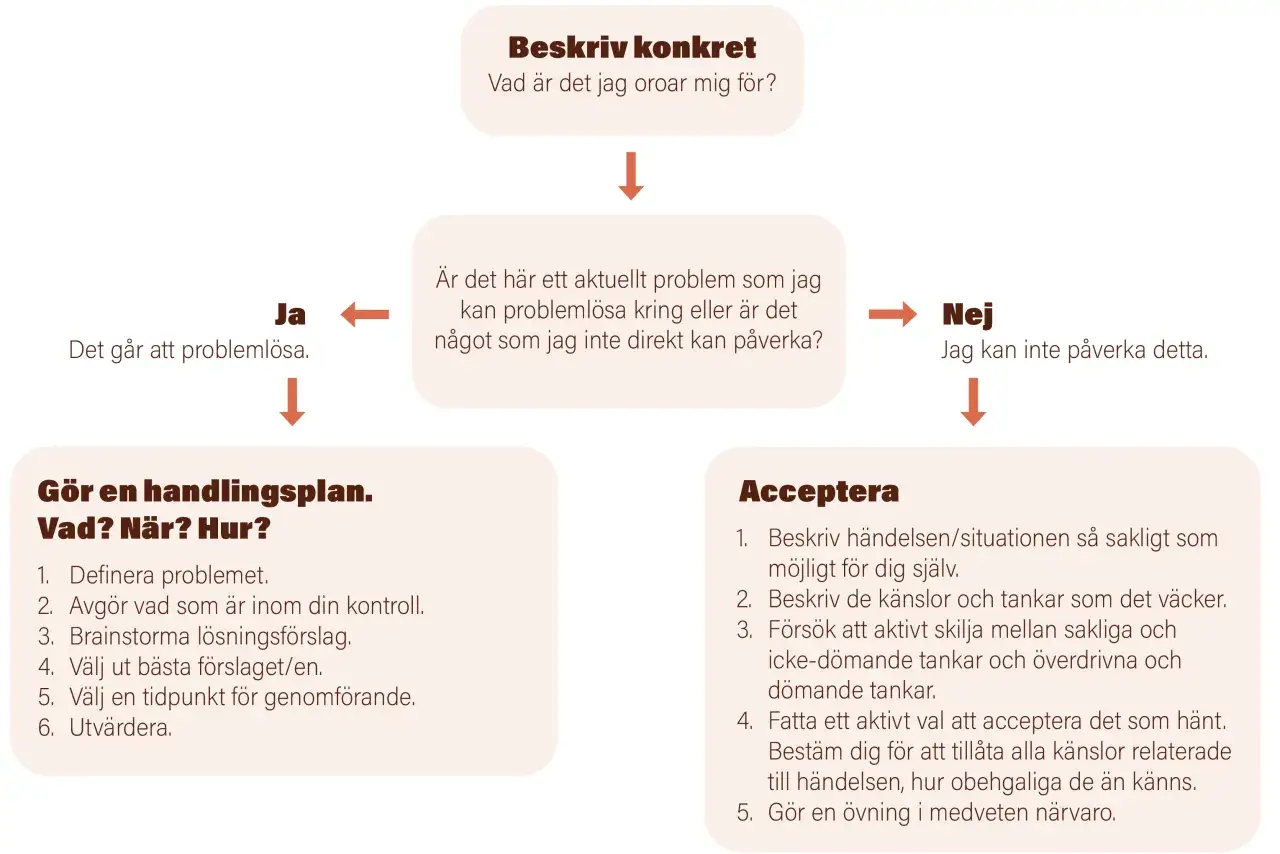 Fl&ouml;desschema f&ouml;r coping svenska: beskriv oro, avg&ouml;r om du kan p&aring;verka. Om ja, g&ouml;r handlingsplan. Om nej, acceptera.