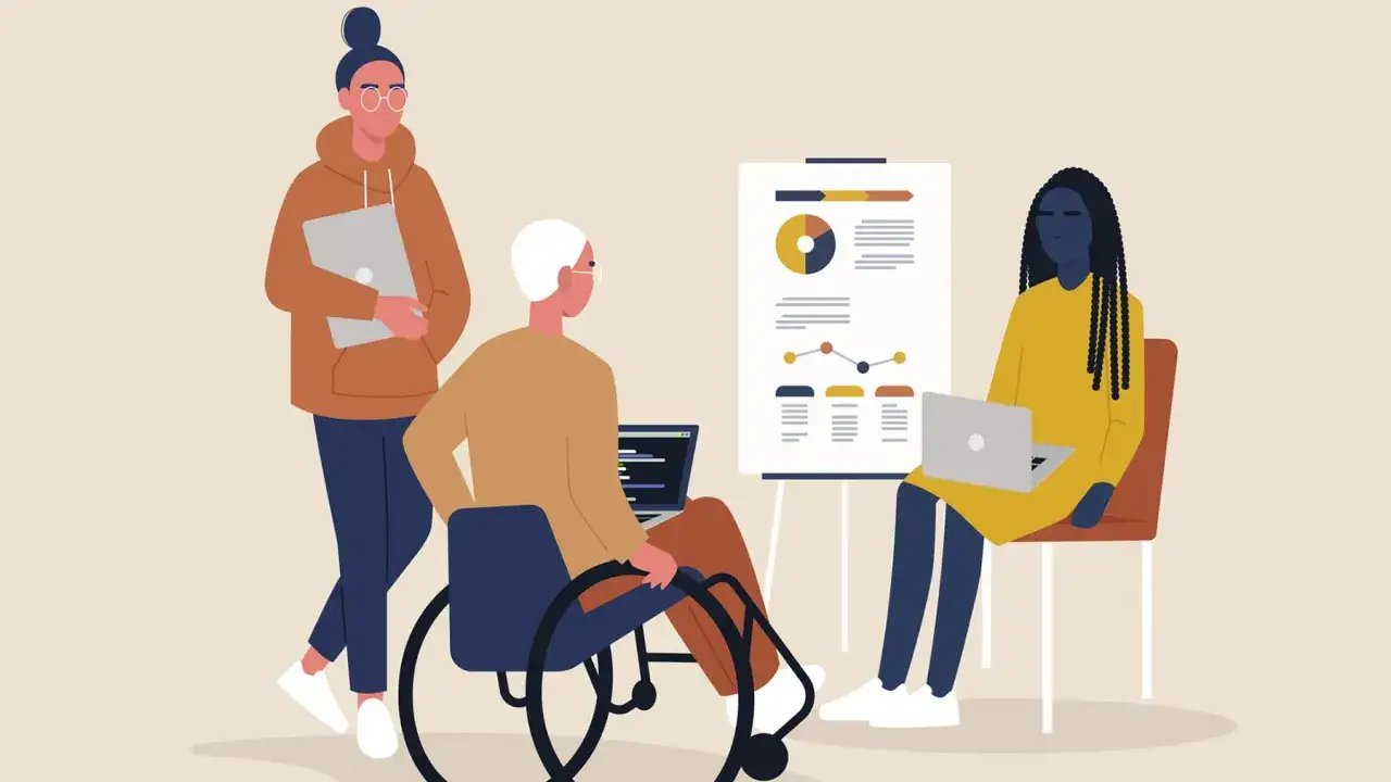 Tre personer, varav en i rullstol, diskuterar siffror vid en whiteboard. En känsla av psykisk misshandel på jobbet kan uppstå i sådana situationer.