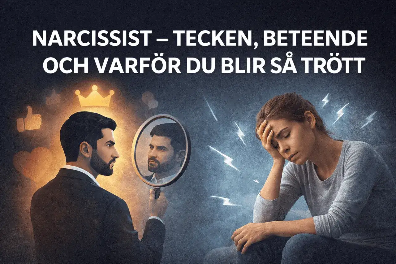 En narcissist ser sig själv i spegeln, omgiven av beundran. Bredvid sitter en utmattad kvinna, dränerad av hans beteende.
