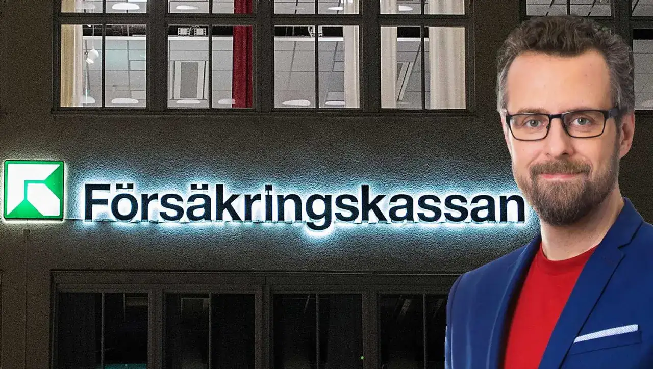 Man med glasögon framför Försäkringskassan. Kanske en berättelse om depression och sjukskrivning.
