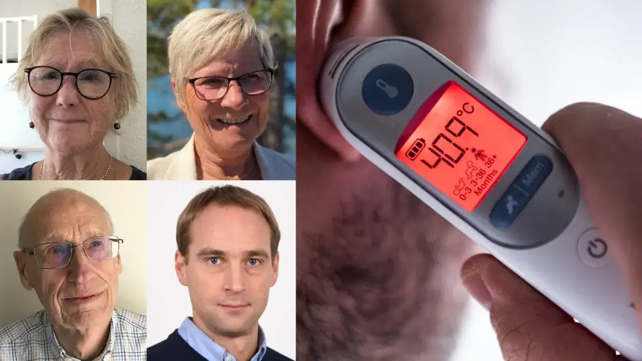 Kan man f&aring; feber av stress? Fyra portr&auml;tt av &auml;ldre personer och en n&auml;rbild p&aring; en termometer som visar 40.9&deg;C.