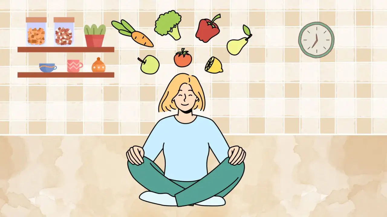 En person med lugnt uttryck sitter i meditationsställning, omgiven av illustrationer av frukt och grönt. Kanske ett tecken på att hitta tillbaka till matglädjen trots ingen aptit depression.