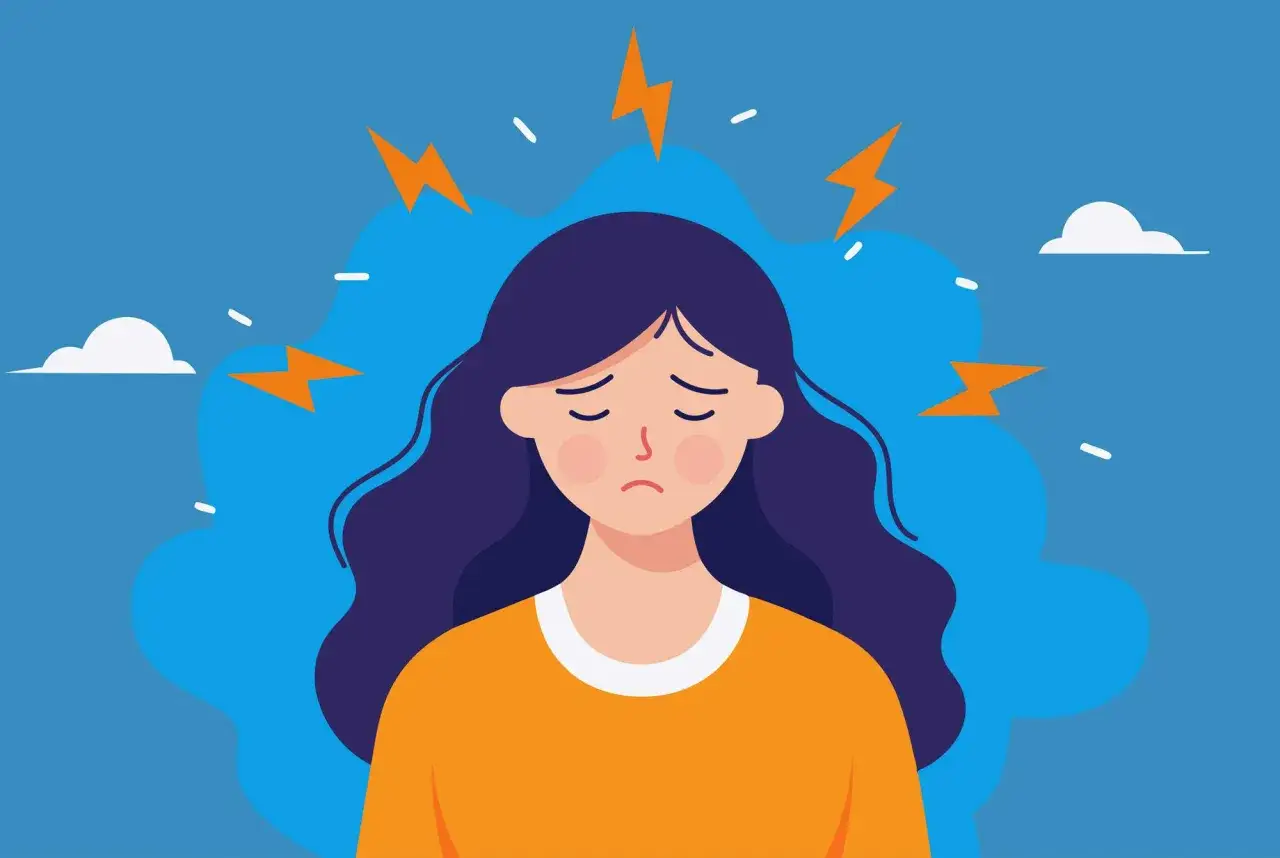 En illustration av en person med mörkt hår och en orange tröja, omgiven av blixtar och moln. Uttrycket visar tydliga prestationsångest symptom.