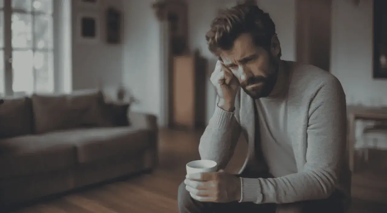 En man sitter med handen mot tinningen, djupt f&ouml;rsjunken i tankar. Bilden symboliserar kampen mot kronisk depression och s&ouml;kandet efter behandling.