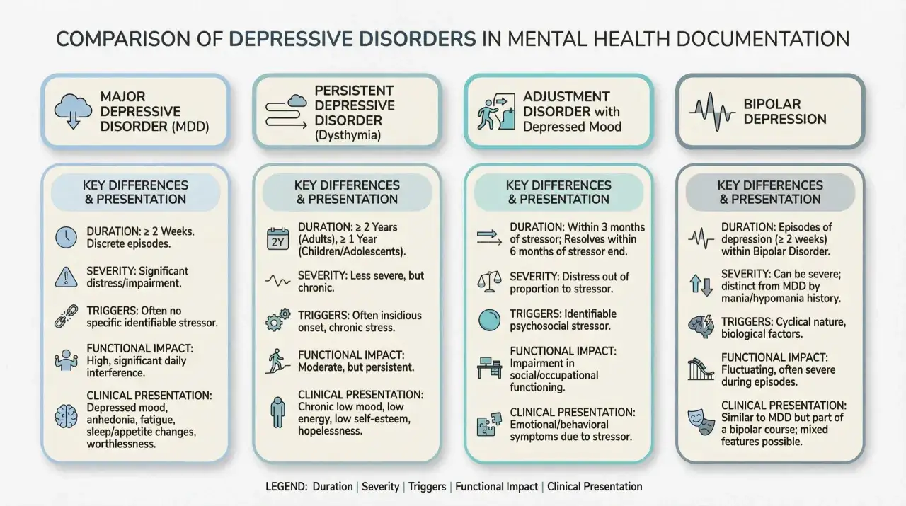 Jämförelse av depressiva syndrom. Dystymi (ihållande depressivt syndrom) kännetecknas av kronisk låg energi och hopplöshet, ofta utan tydliga dystymi orsaker.