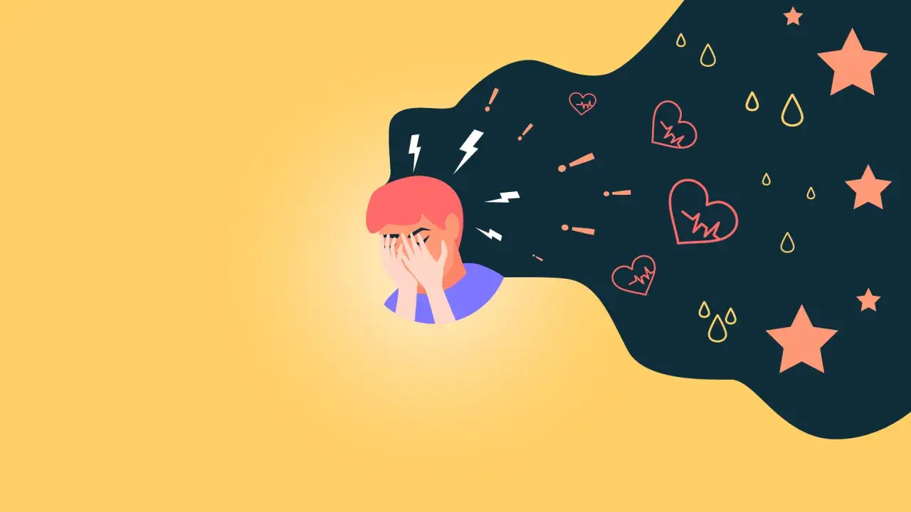 En person med h&auml;nderna f&ouml;r ansiktet, omgiven av symboler f&ouml;r stress och hj&auml;rtproblem. Kanske en illustration som visar behovet av inderal betablockerare.
