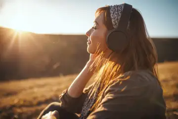 Kvinna med hörlurar lyssnar på musik i solnedgången, en stund av lugn efter ett utmattningssyndrom bakslag.