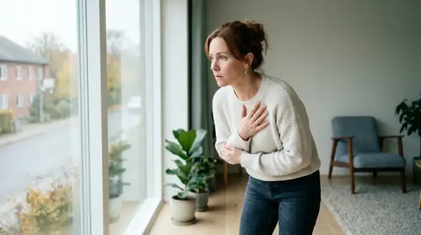 Kvinna med handen på bröstet, ser orolig ut. Hon kanske behöver **gad medicin** för sina besvär.