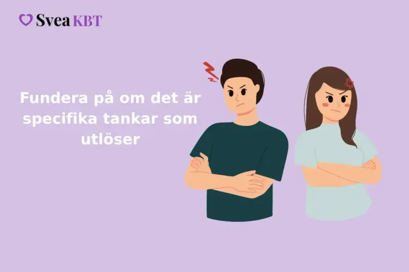 Två arga personer med armarna i kors. Texten lyder: "Fundera på om det specifika tankar som utlöser". Kanske en del av en kontrollerande partner test.