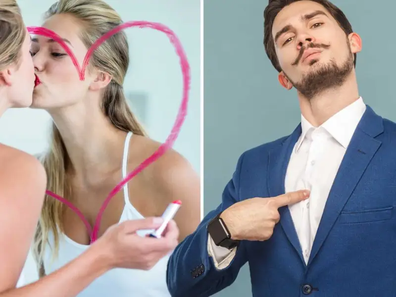 Kvinna kysser sin spegelbild i ett hjärta, man pekar på sig själv. Ett narcissist test.